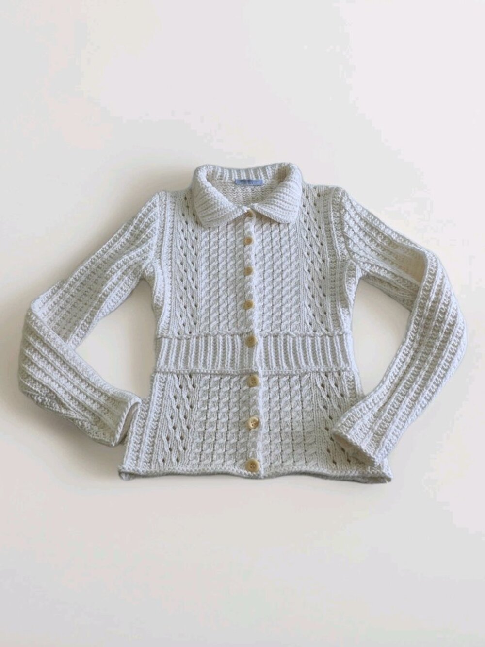 Strenesse Blue Cardigan Women S Cream LS Button Open Knit Coastal Y2K Minimalist